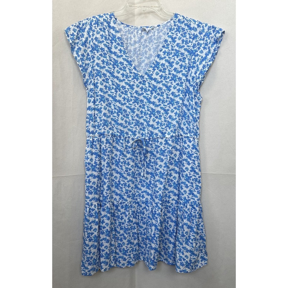 Gap Cottagecore Peasant Blue Ditsy Floral Tiered Mini Dress L V-Neck Cap Sleeve